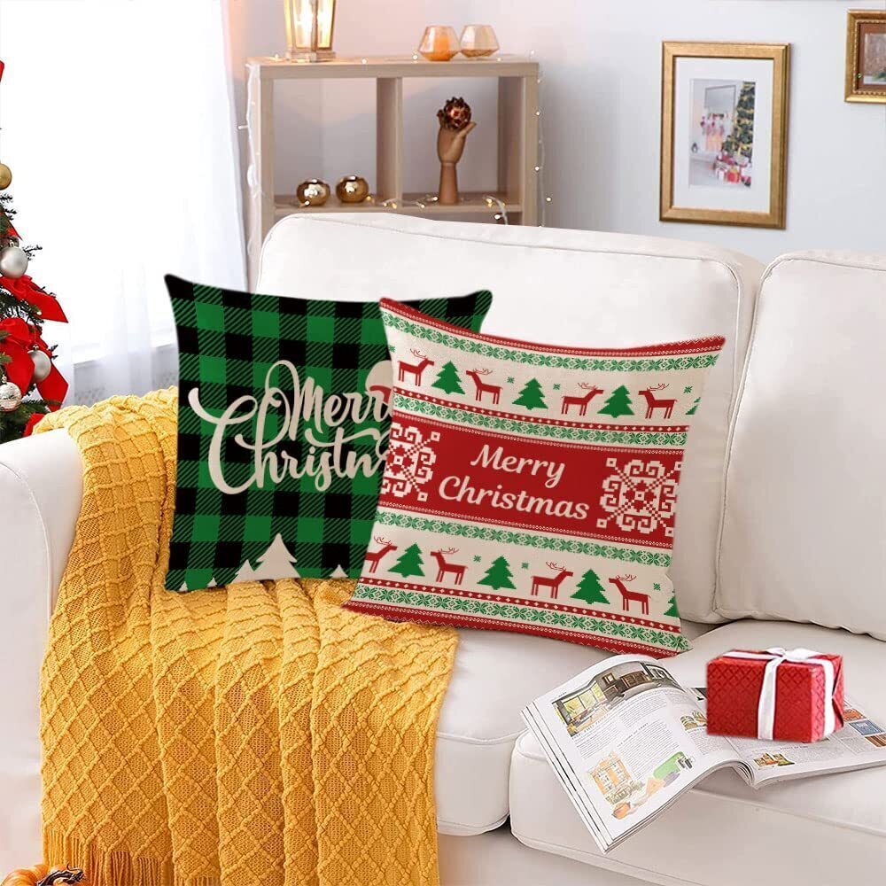 9873 Christmas Pillow Covers 12x12 Set of 4 Red Green Xmas Decorative Throw - Picture 5 of 8